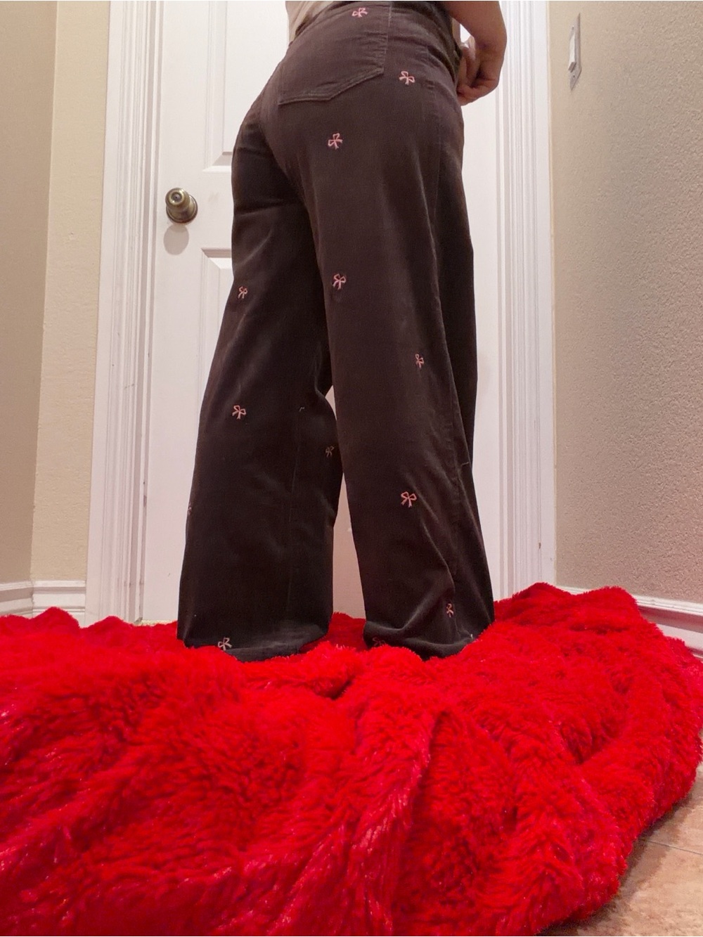 Urban Outfitters Dark Brown Corduroy Wide-Leg Jeans with Pink Bow Embroidery